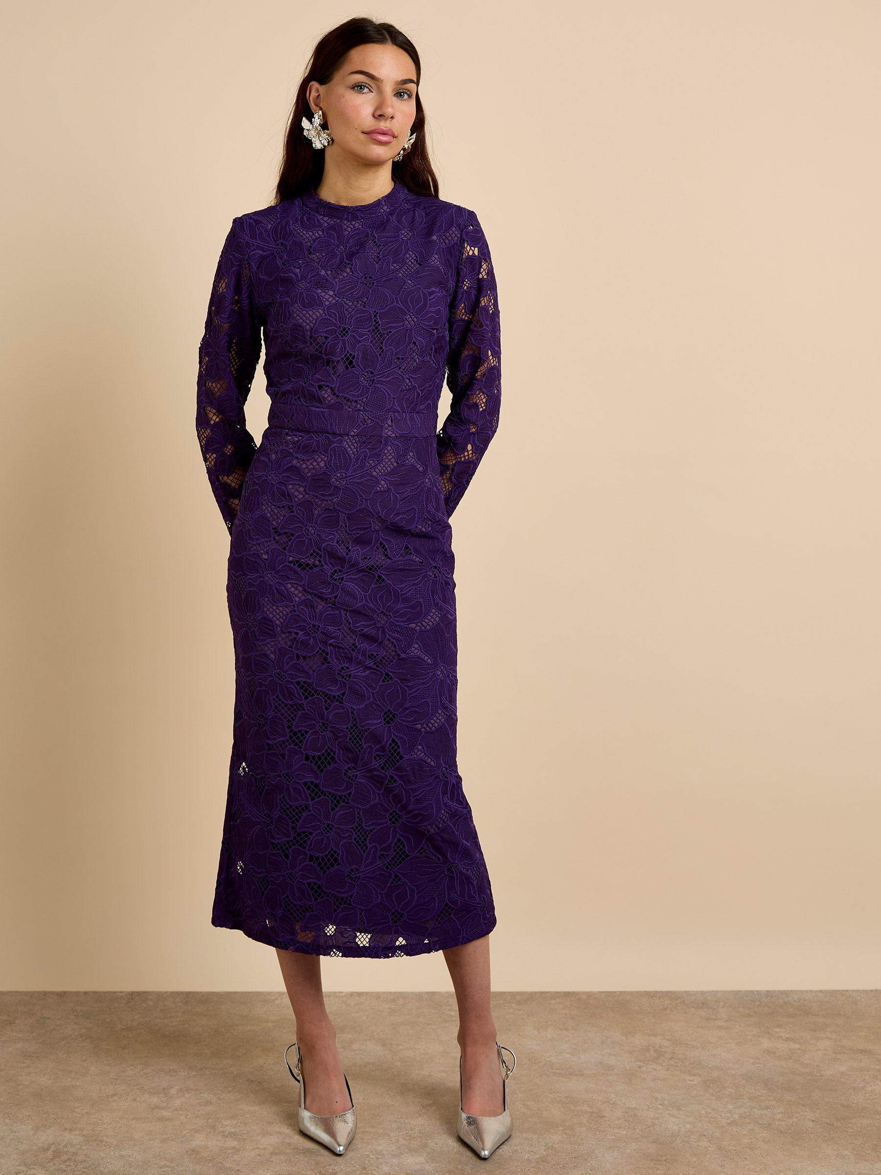 GWD Freya Floral Lace Purple Dress Midi Length