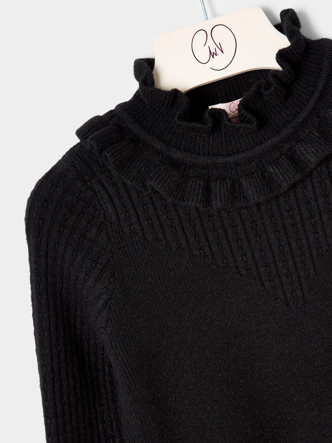Girls Faye Knitted Top Ruffle Neck  Rib Jumper Available in Black and Cream