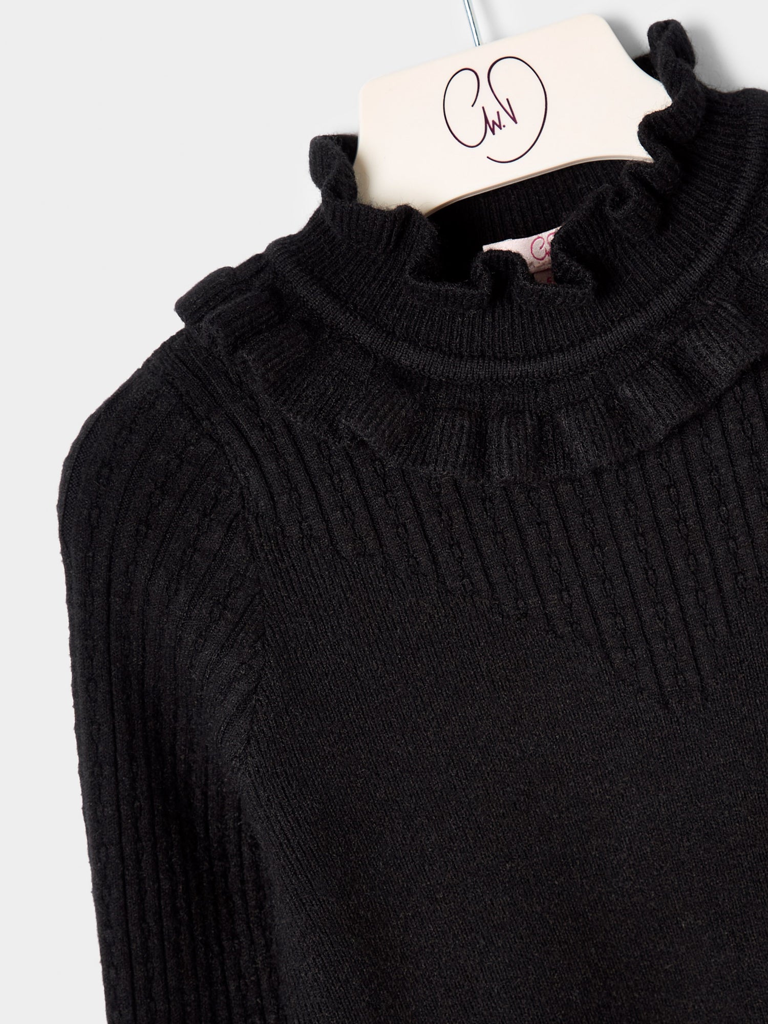 Girls Faye Knitted Top Ruffle Neck  Rib Jumper Available in Black and Cream