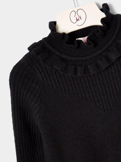 Girls Faye Knitted Top Ruffle Neck  Rib Jumper Available in Black and Cream