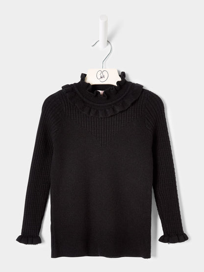 Girls Faye Knitted Top Ruffle Neck  Rib Jumper Available in Black and Cream