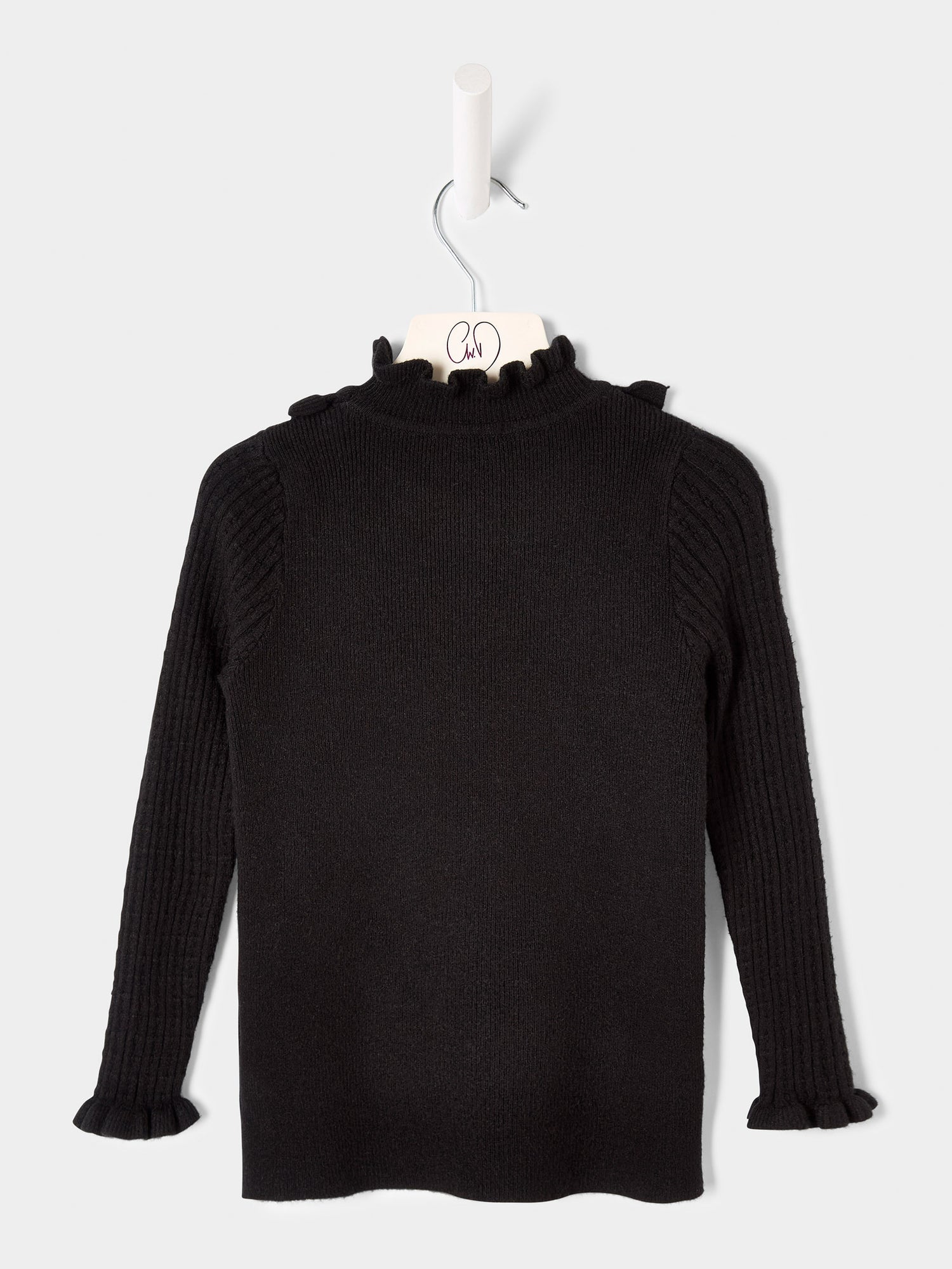 Girls Faye Knitted Top Ruffle Neck  Rib Jumper Available in Black and Cream