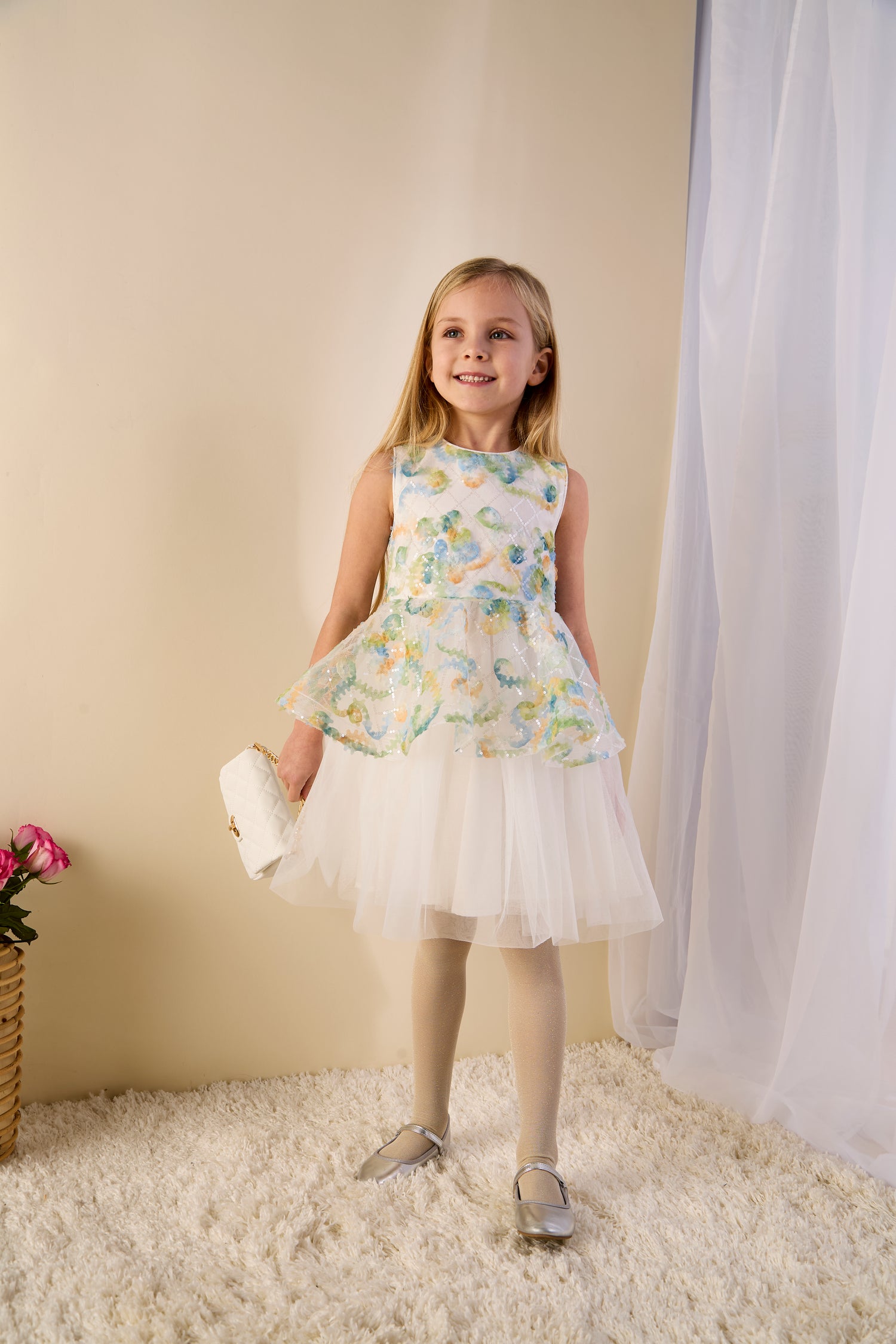 GWD Forest Fairy Dress – White Floral Appliqué Peplum Party Dress for Girls