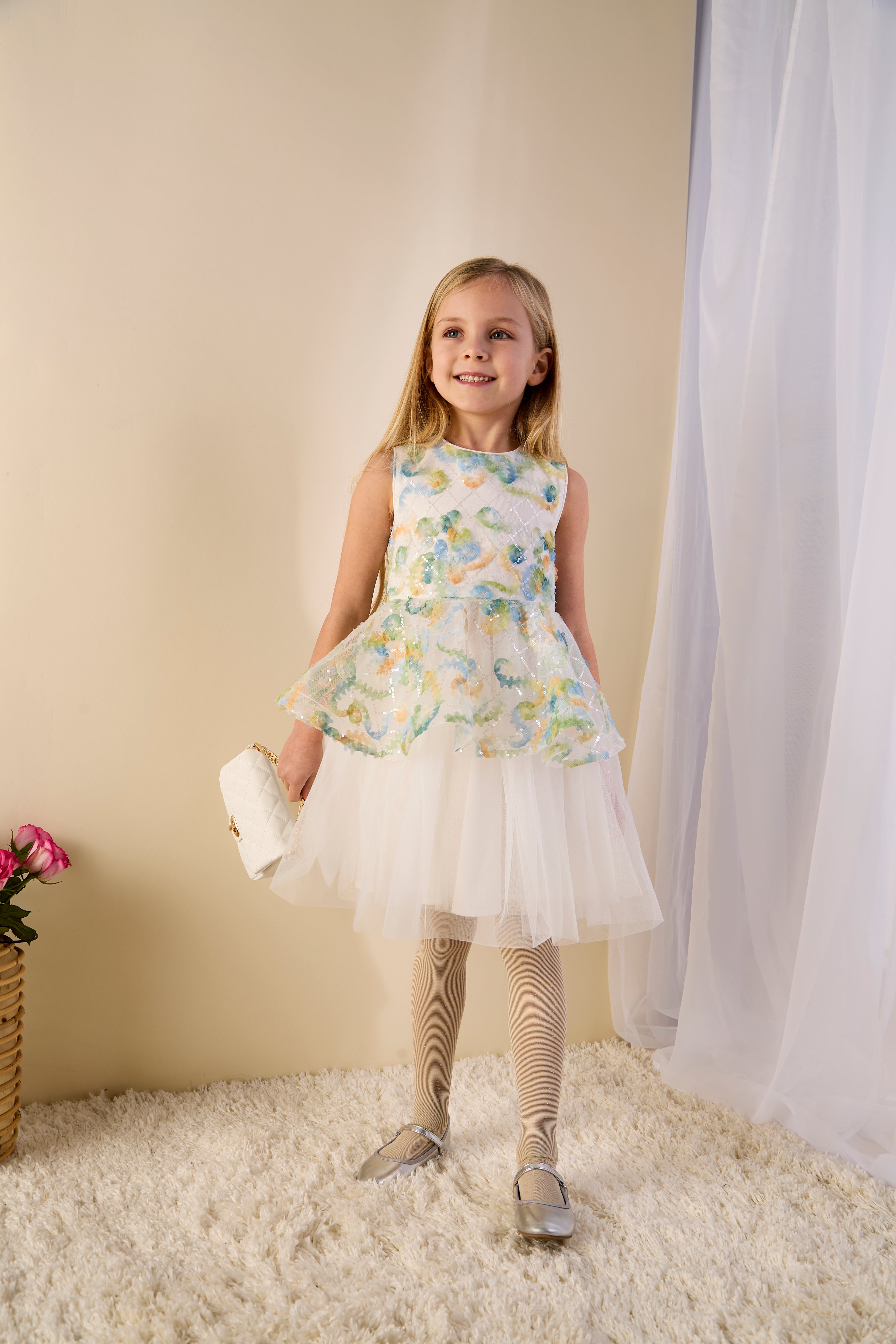 GWD Forest Fairy Dress – White Floral Appliqué Peplum Party Dress for Girls