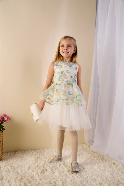 GWD Forest Fairy Dress – White Floral Appliqué Peplum Party Dress for Girls