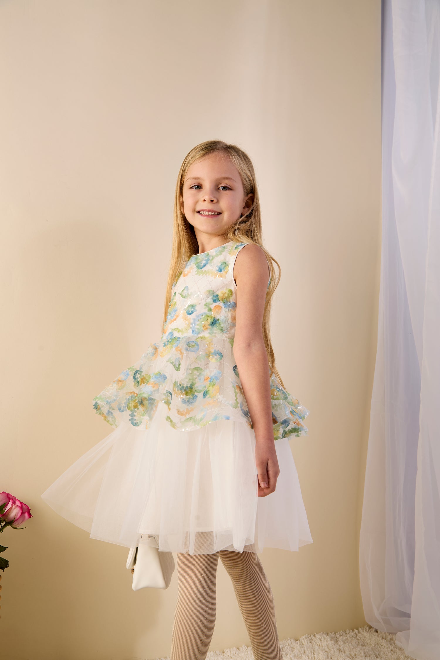GWD Forest Fairy Dress – White Floral Appliqué Peplum Party Dress for Girls