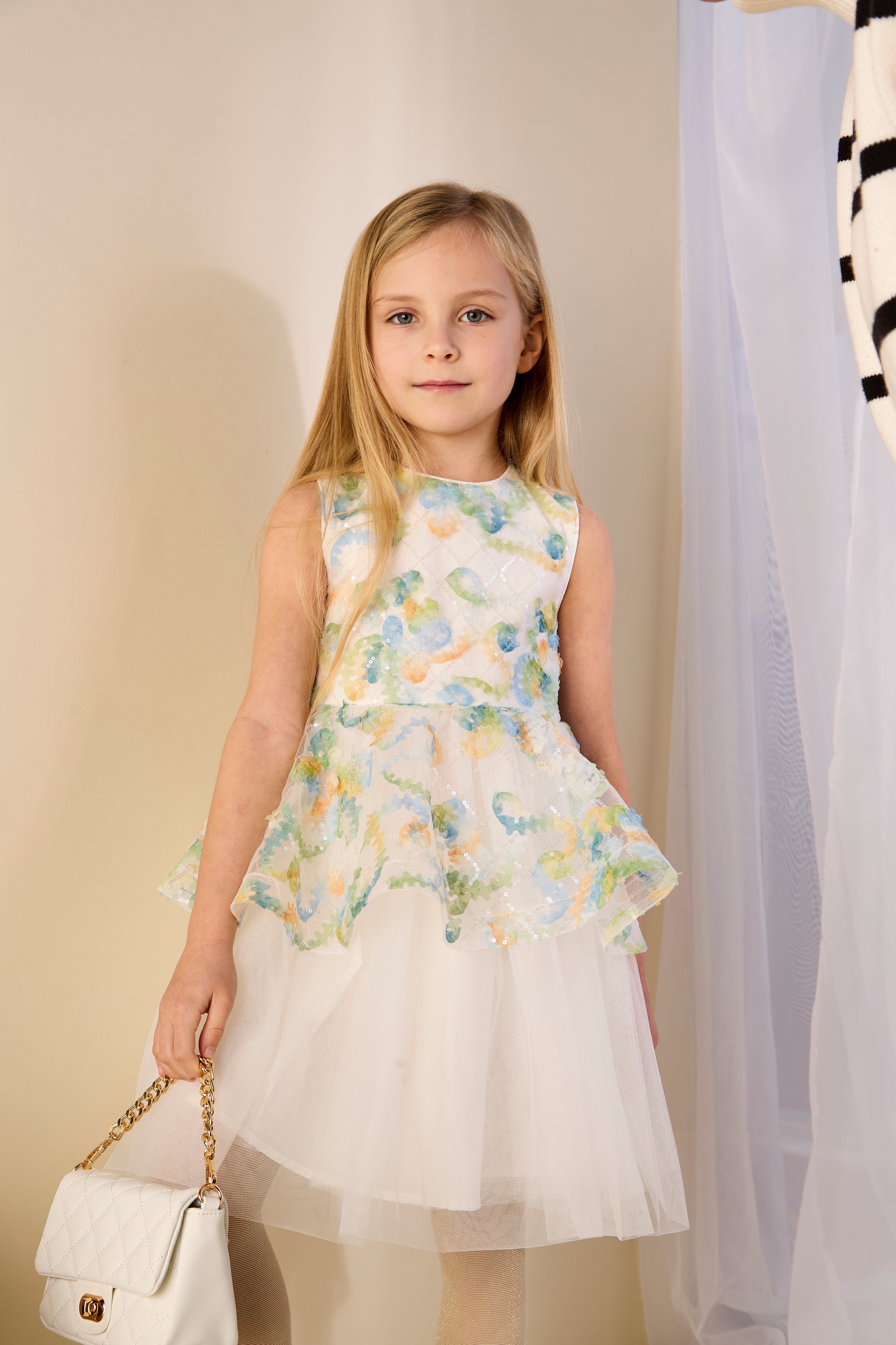 GWD Forest Fairy Dress – White Floral Appliqué Peplum Party Dress for Girls