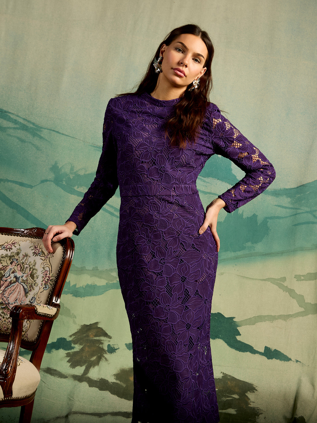 GWD Freya Floral Lace Purple Midi Dress