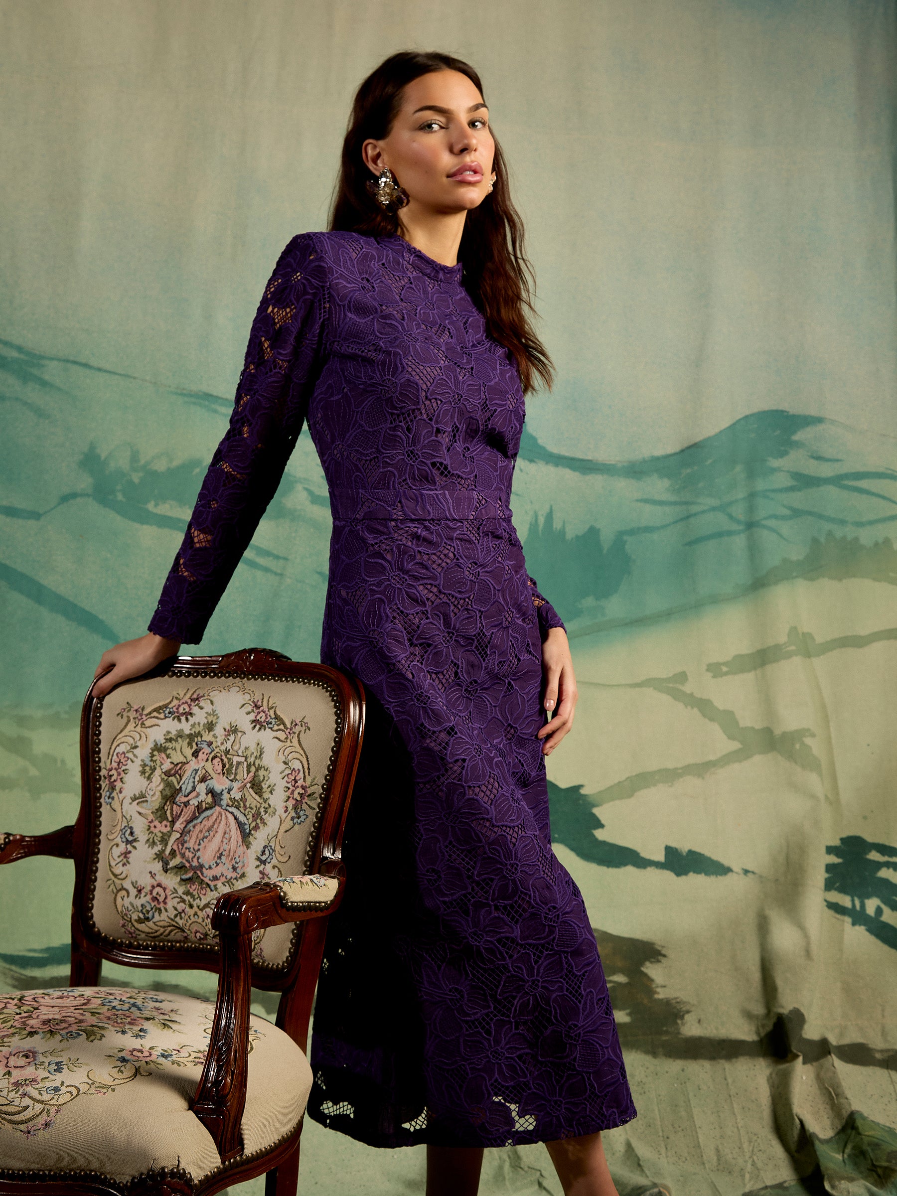 GWD Freya Floral Lace Purple Dress Midi Length