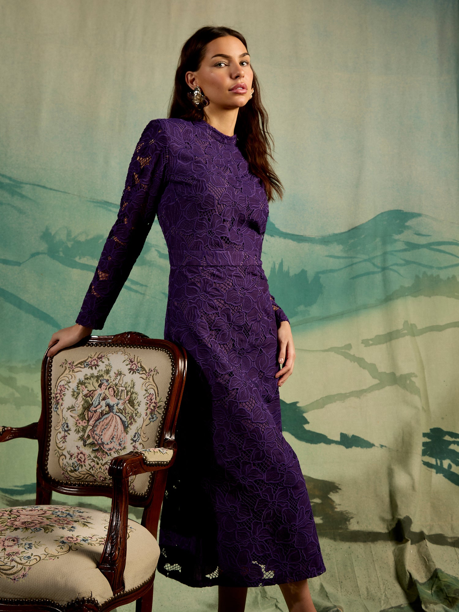 GWD Freya Floral Lace Purple Midi Dress