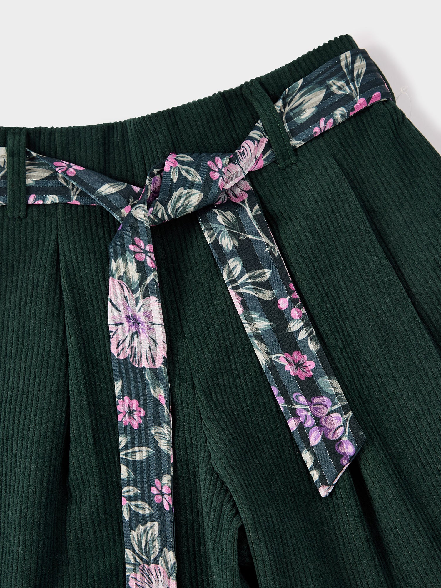 Jade Green Corduroy Culottes with Floral Belt