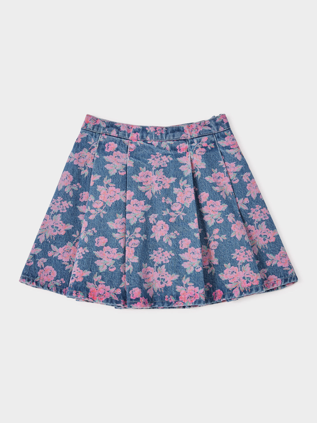 Maybel Floral Printed Denim Pleat Skirt