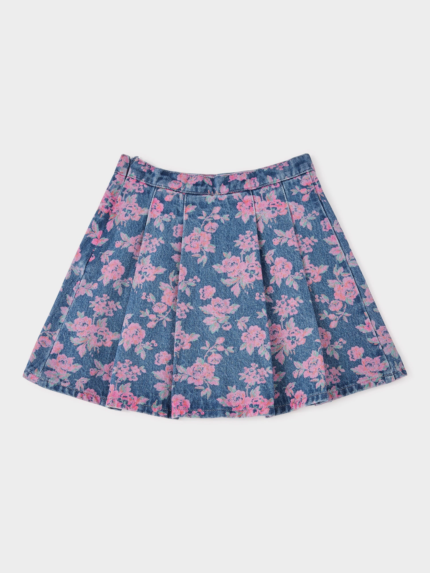 Maybel Floral Printed Denim Pleat Skirt