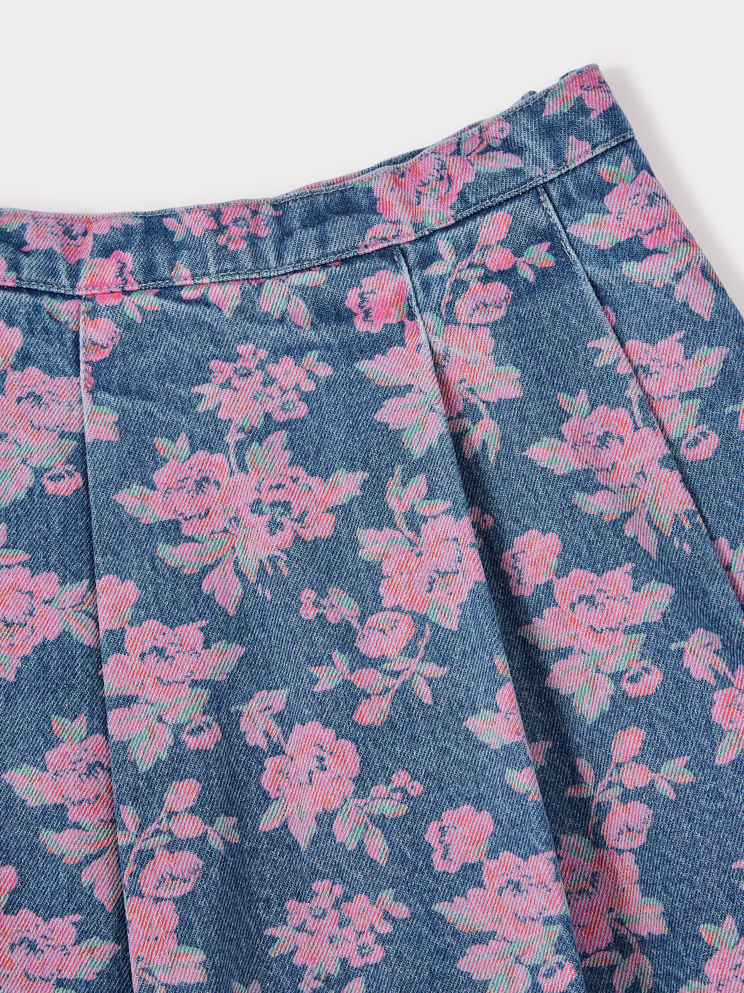 Maybel Floral Printed Denim Pleat Skirt