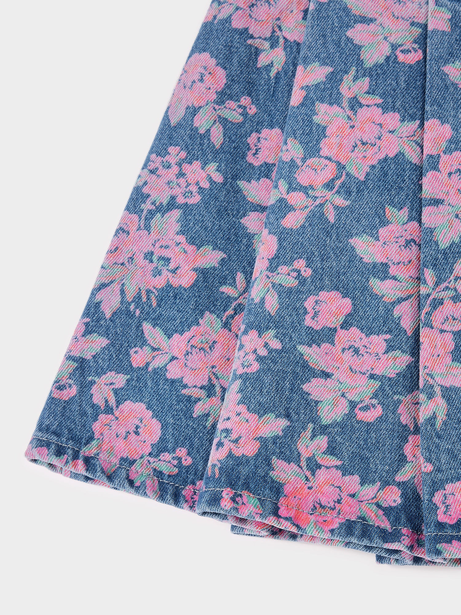 Maybel Floral Printed Denim Pleat Skirt