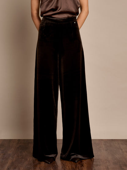 Claire Chocolate Velvet Wide Leg Trousers