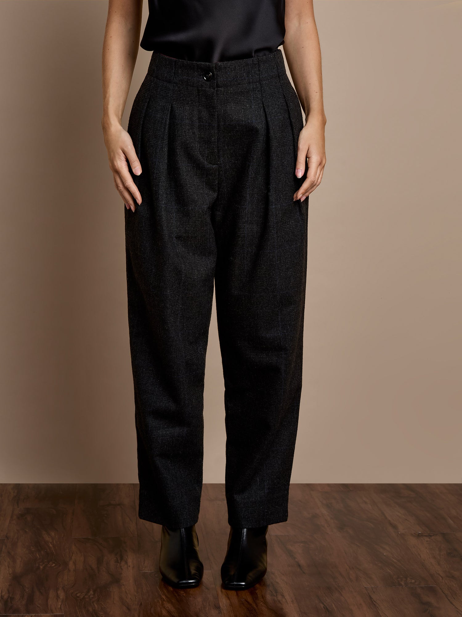 Hannah Pleat-Front Grey Checked Trouser