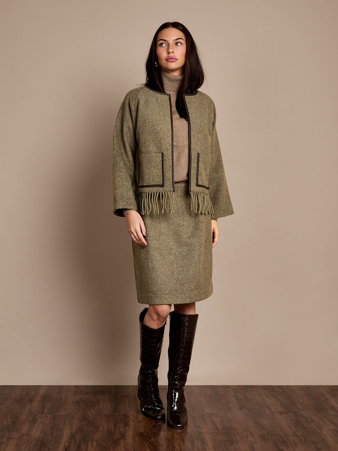 Meredith Wool Blend Skirt – Olive Herringbone
