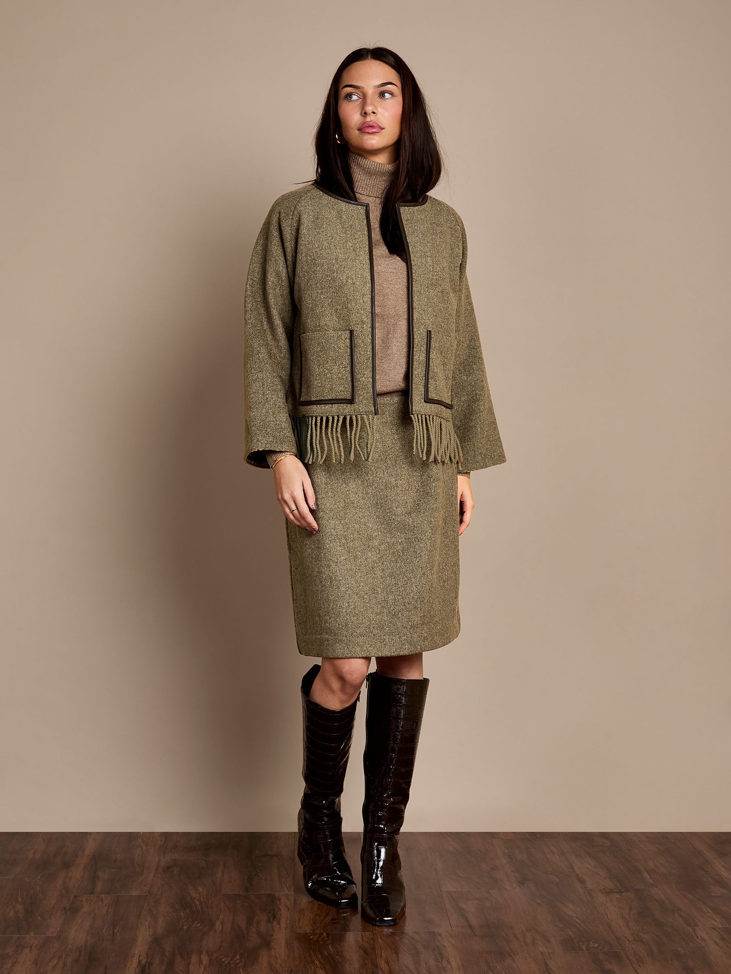 Meredith Wool Blend Skirt – Olive Herringbone
