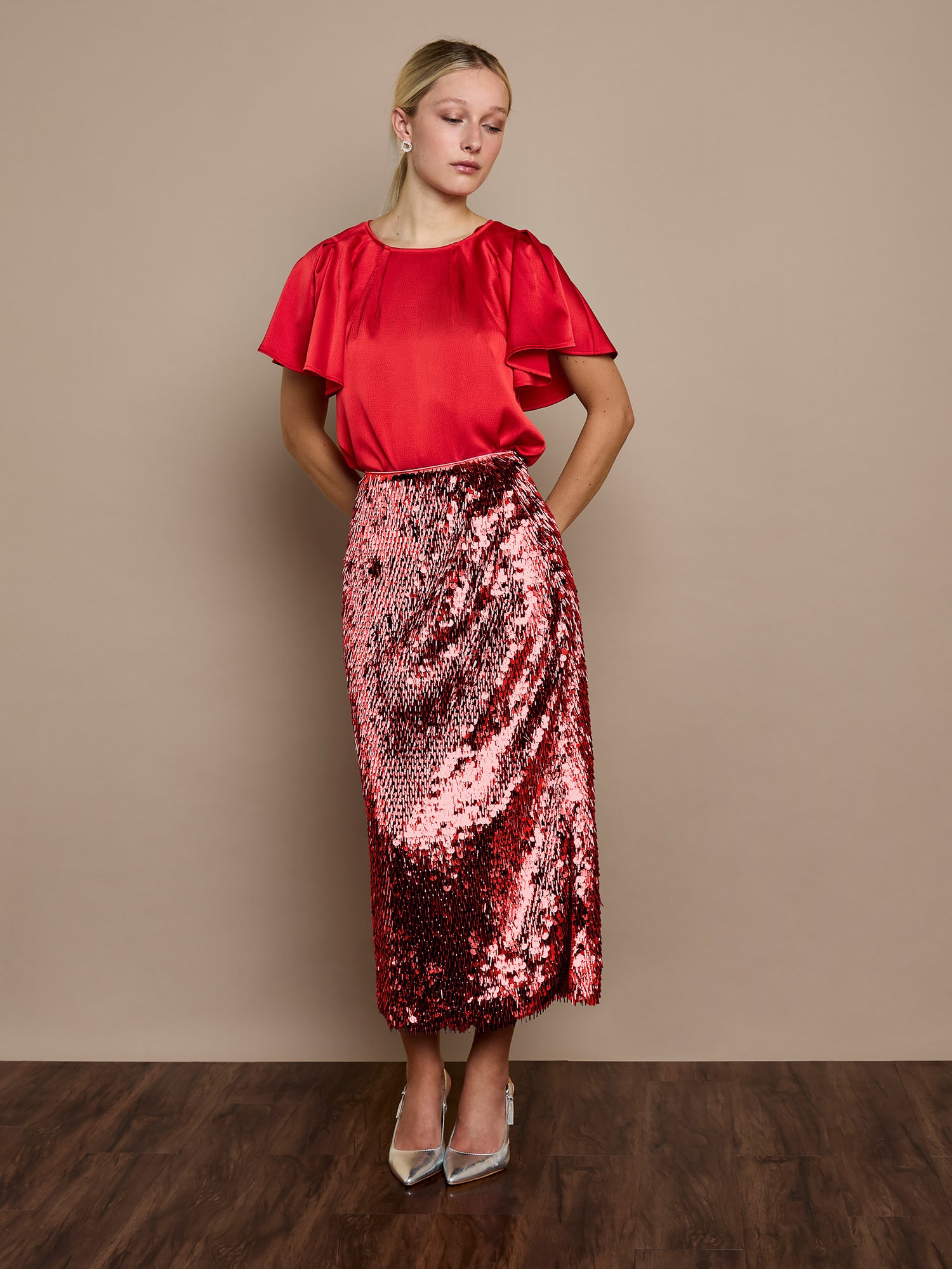 Simone Sequin Skirt Red