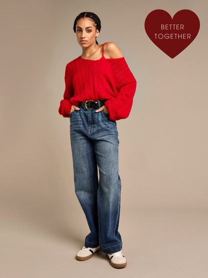 Arla-Bailey Red Knitted Top and Dixie Indigo Straight Leg Jean Outfit | GWD Clothing