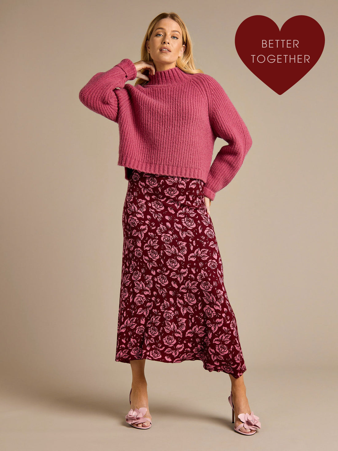 Stacie Chunky Knitted Jumper &amp; Sable Pink Printed Knitted Skirt Outfit