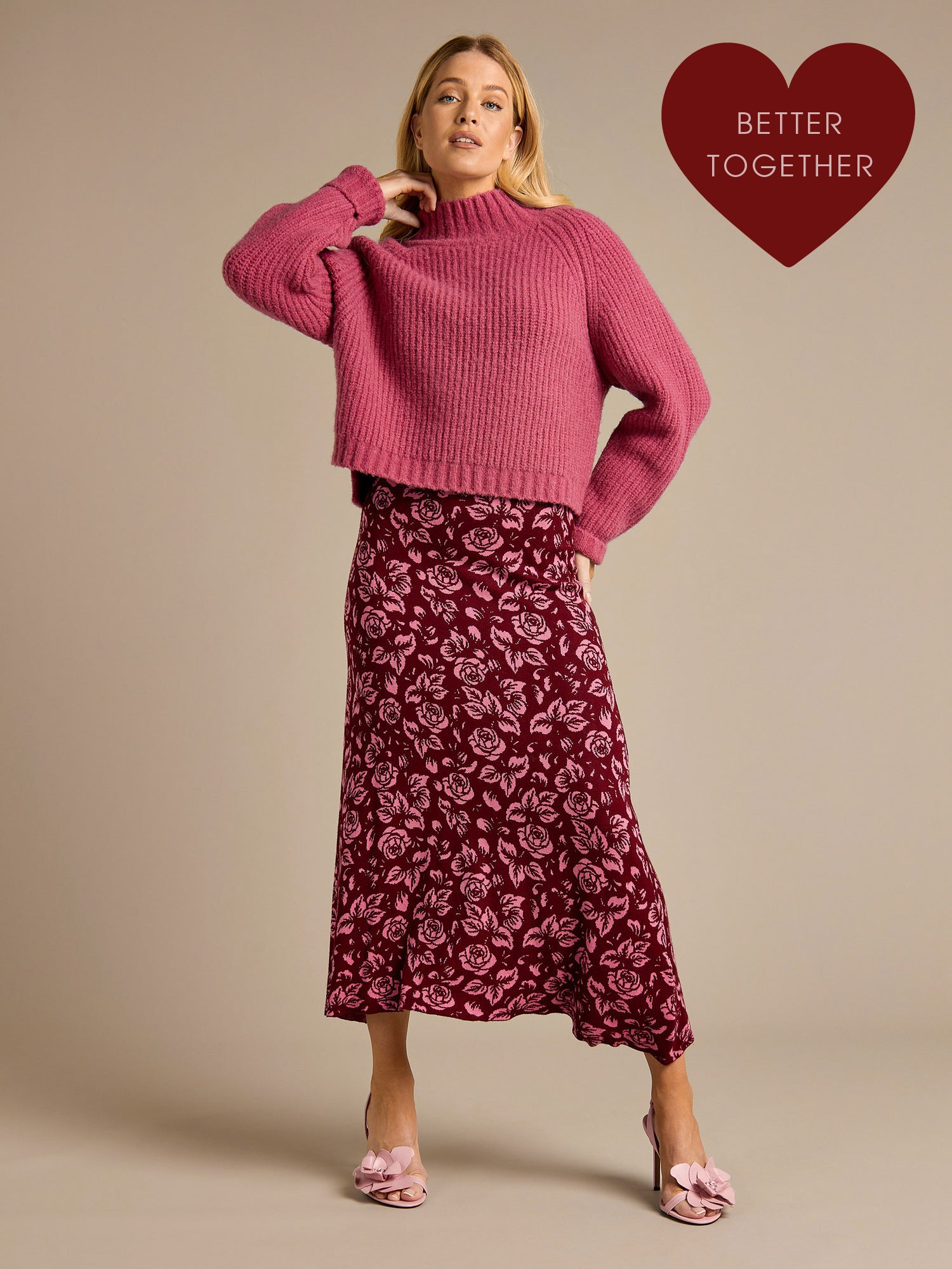 Stacie Chunky Knitted Jumper &amp; Sable Pink Printed Knitted Skirt Outfit | GWD Clothing