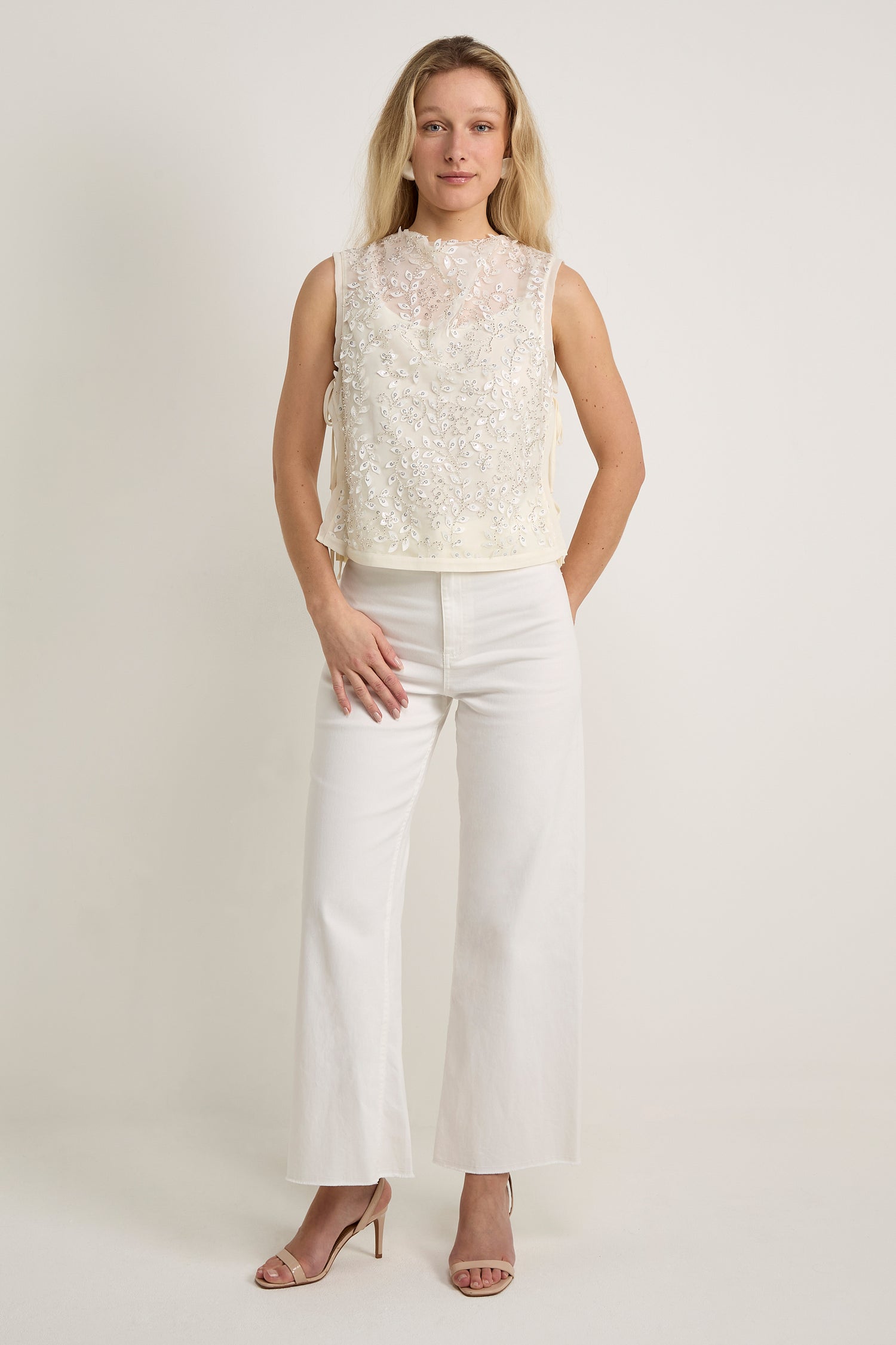GWD Imara Floral Embroidery, Sheer Mesh Sparkle Top
