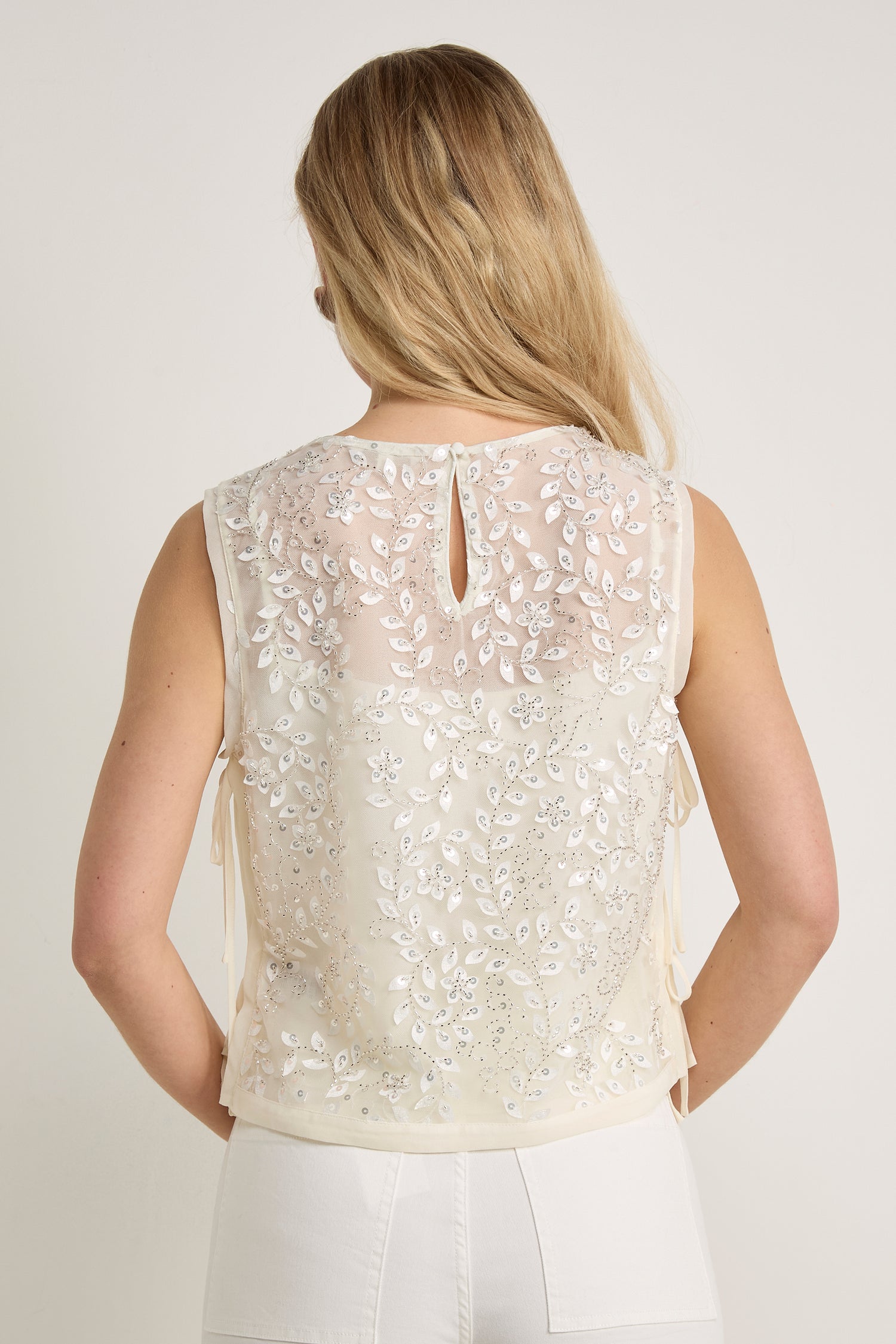 GWD Imara Floral Embroidery, Sheer Mesh Sparkle Top