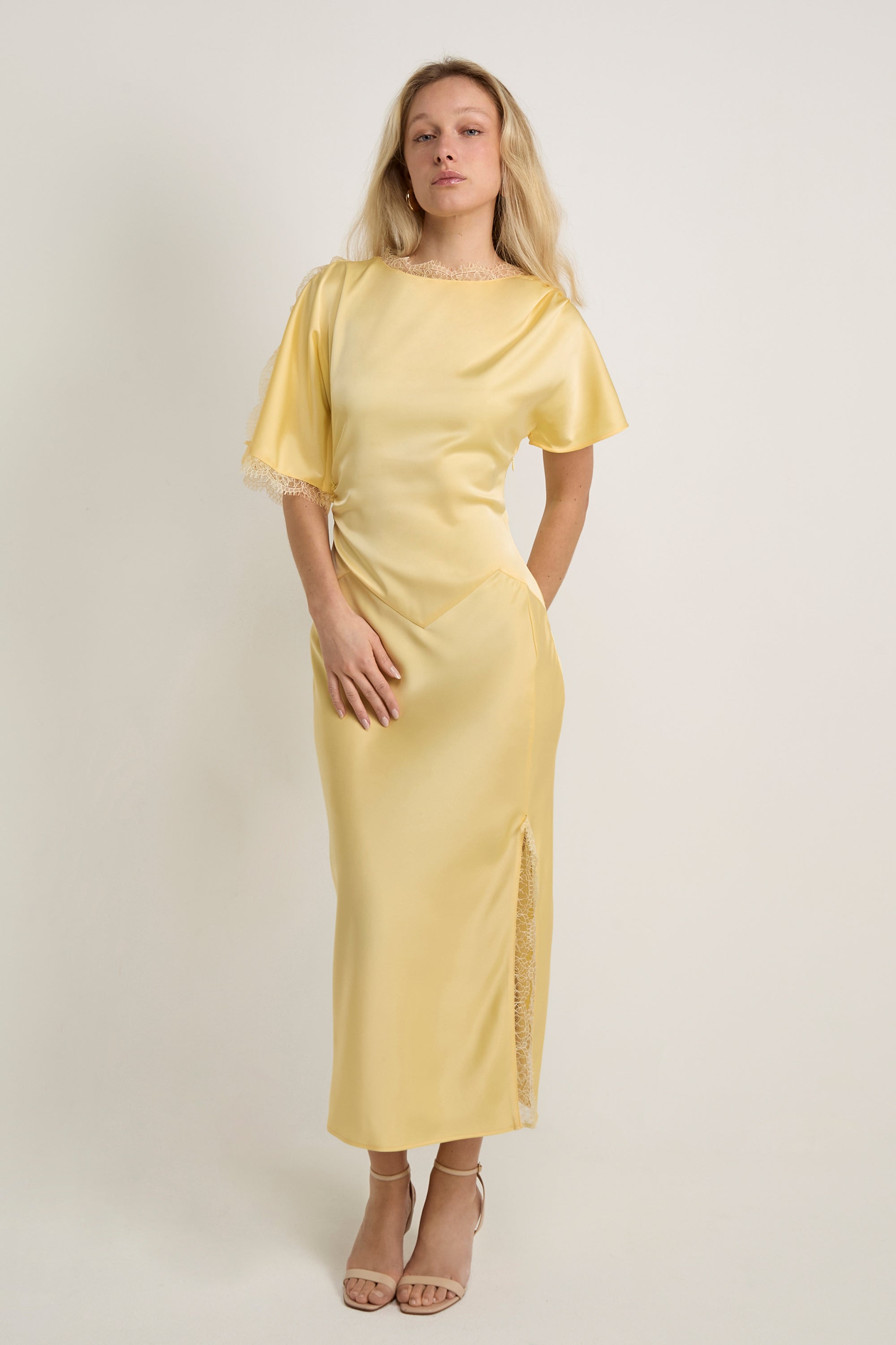 GWD Rowana Yellow Satin Lace Detail Maxi Dress