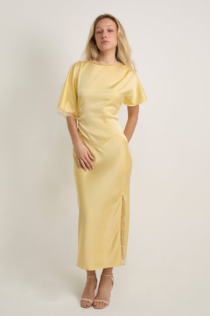 GWD Rowana Yellow Satin Lace Detail Maxi Dress