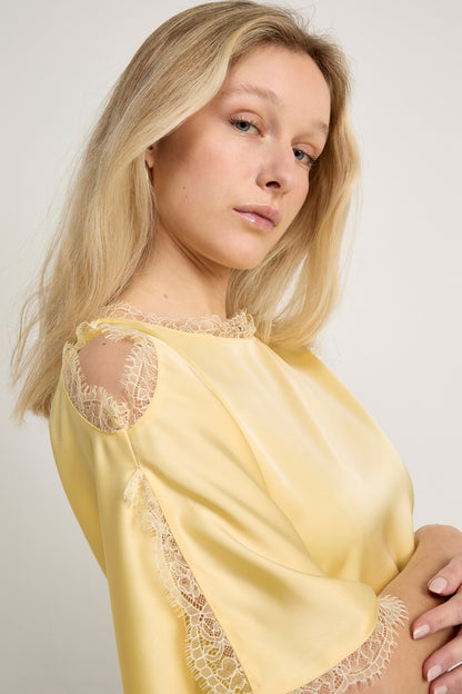 GWD Rowana Yellow Satin Lace Detail Maxi Dress