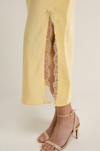 GWD Rowana Yellow Satin Lace Detail Maxi Dress