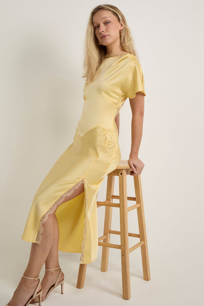 GWD Rowana Yellow Satin Lace Detail Maxi Dress