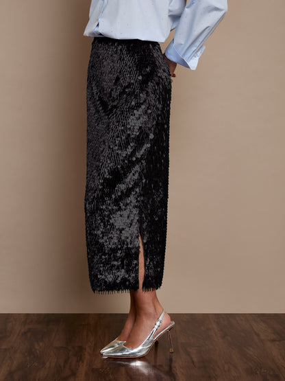 Simone Midi Sequin Skirt Black