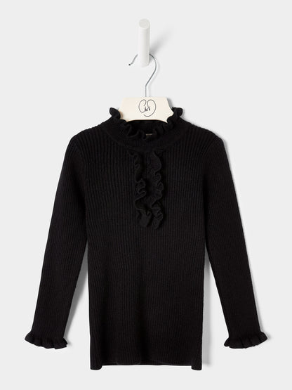 Girls Greta Knitted Top Ruffle Front Rib Jumper Available in Black and Cream