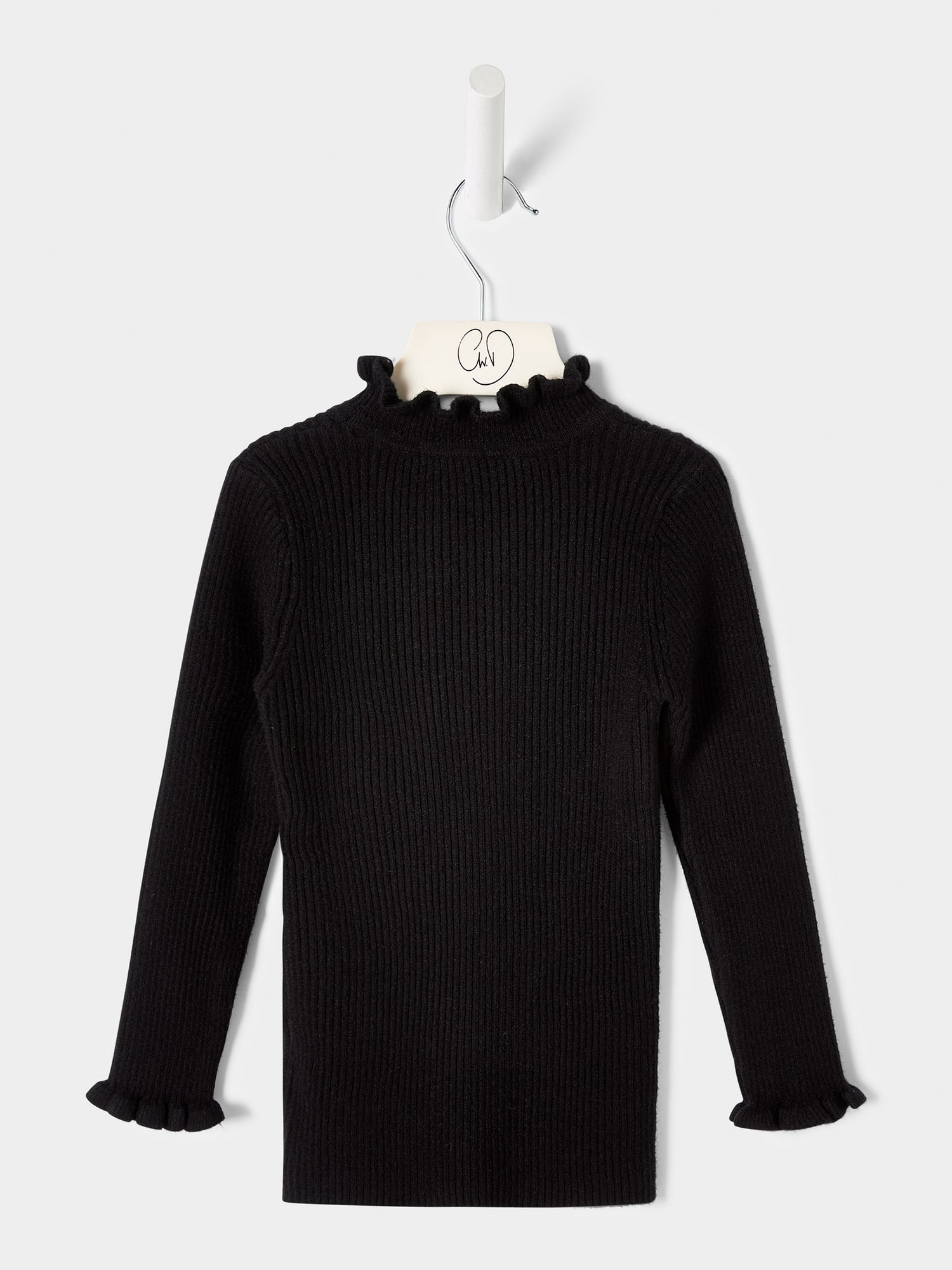 Girls Greta Knitted Top Ruffle Front Rib Jumper Available in Black and Cream