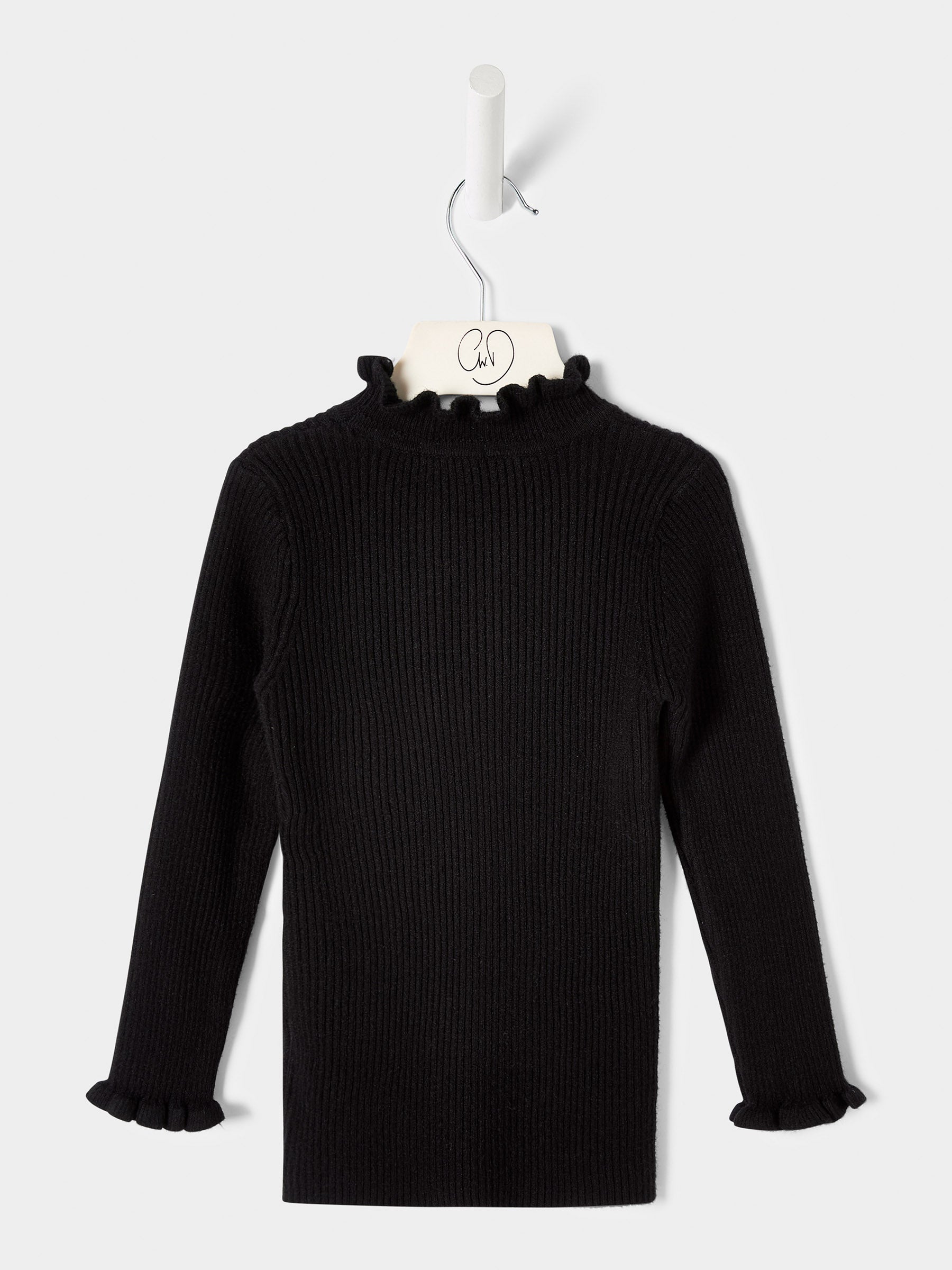Girls Greta Knitted Top Ruffle Front Rib Jumper Available in Black and Cream