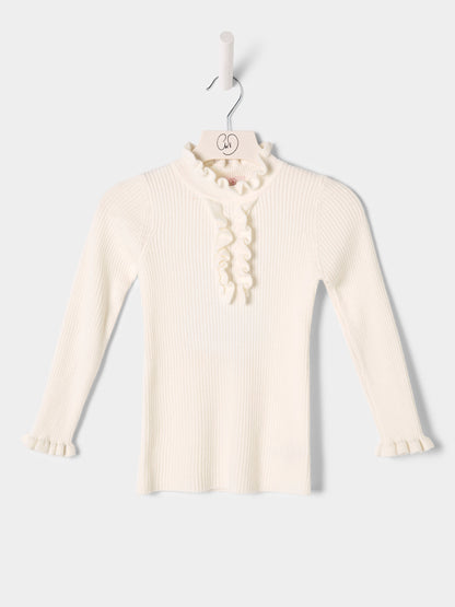 Girls Greta Knitted Top Ruffle Front Rib Jumper Available in Black and Cream