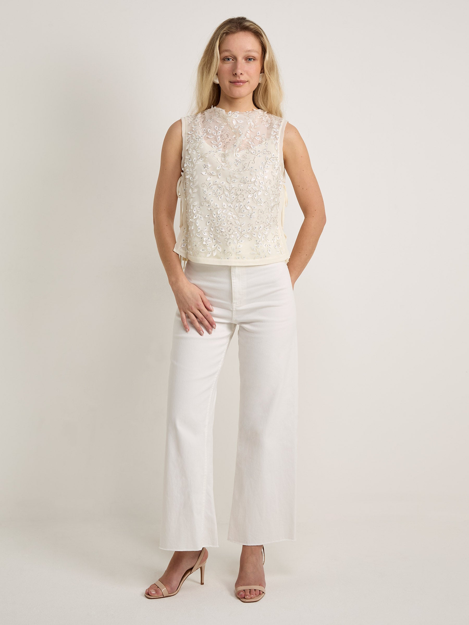 GWD Imara Floral Embroidery, Sheer Mesh Sparkle Top