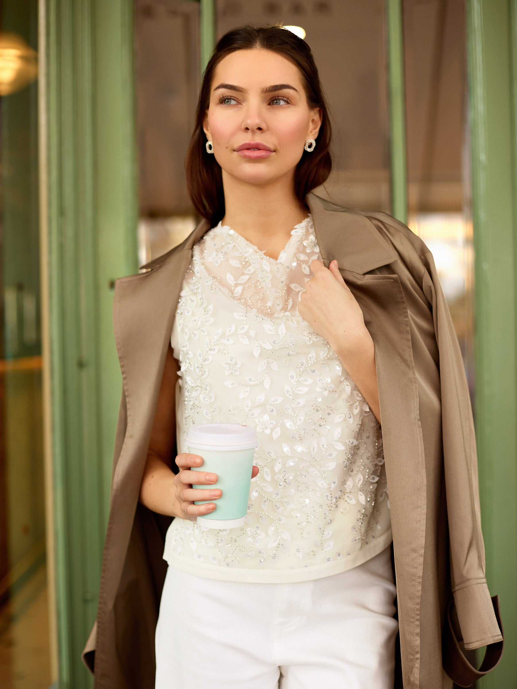 GWD Imara Floral Embroidery, Sheer Mesh Sparkle Top