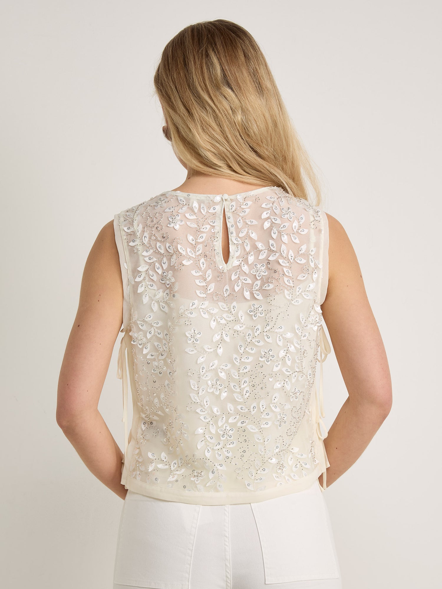 GWD Imara Floral Embroidery, Sheer Mesh Sparkle Top