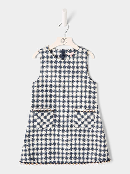 Ines Blue and White Dogstooth Boucle Dress