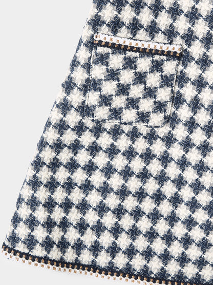 Ines Blue and White Dogstooth Boucle Dress