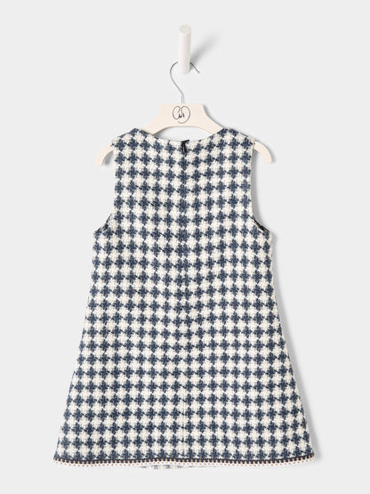 Ines Blue and White Dogstooth Boucle Dress