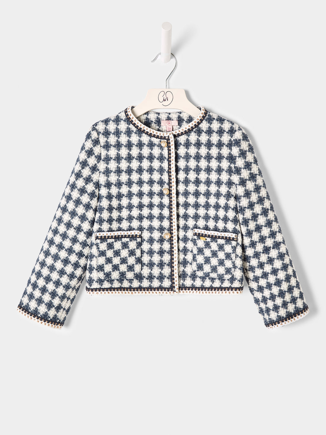 Ines Blue and White Dogstooth Boucle Jacket