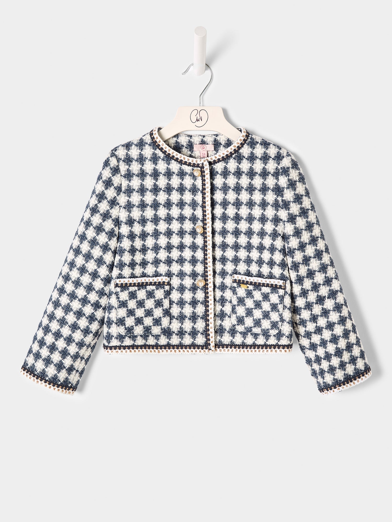 Ines Blue and White Dogstooth Boucle Jacket