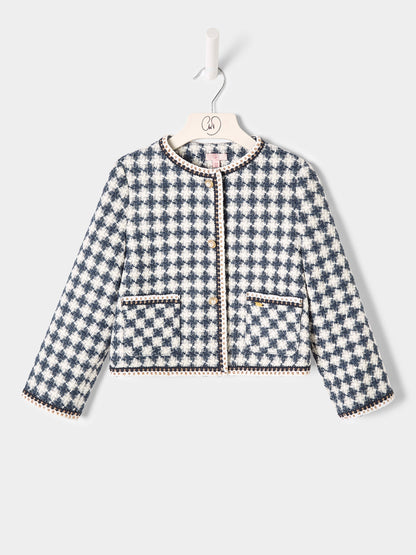 Ines Blue and White Dogstooth Boucle Jacket