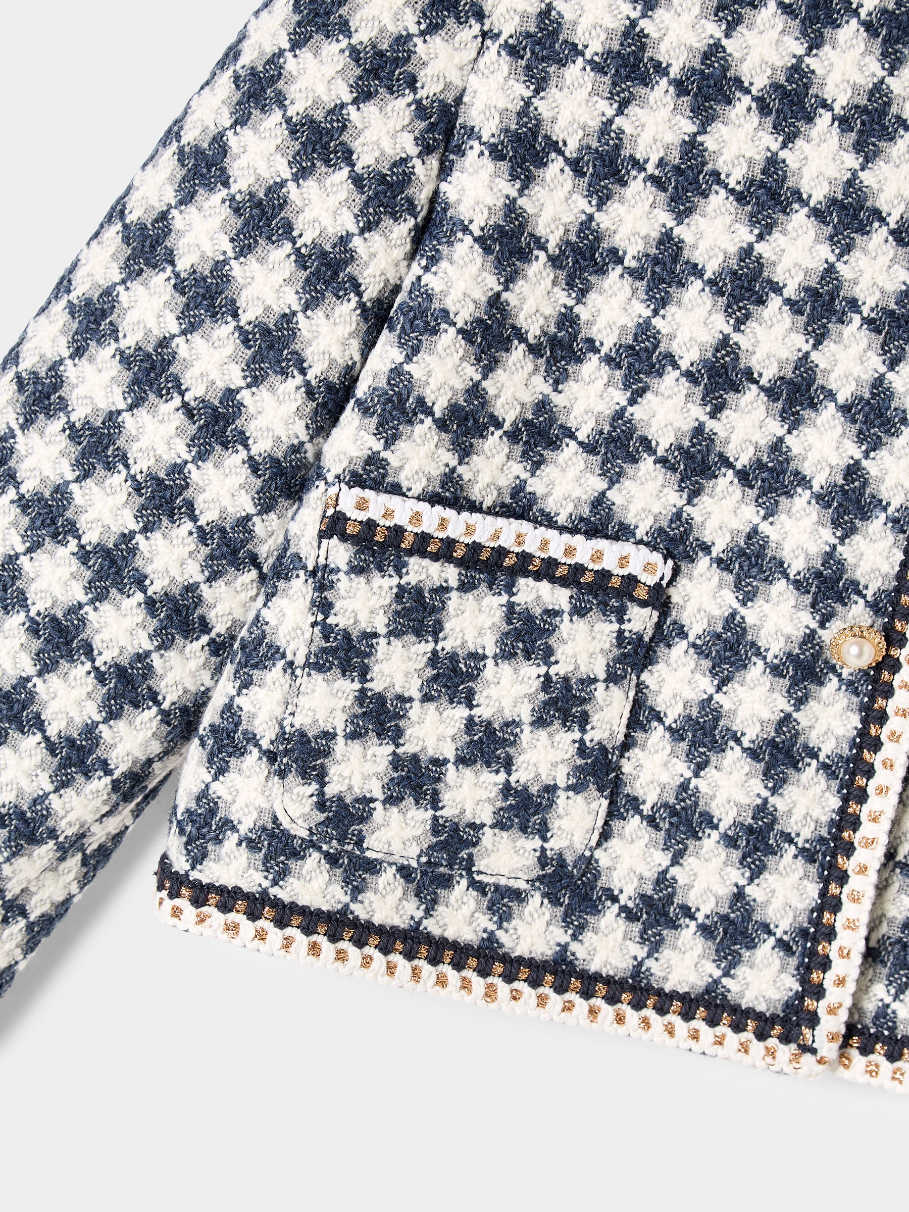 Ines Blue and White Dogstooth Boucle Jacket