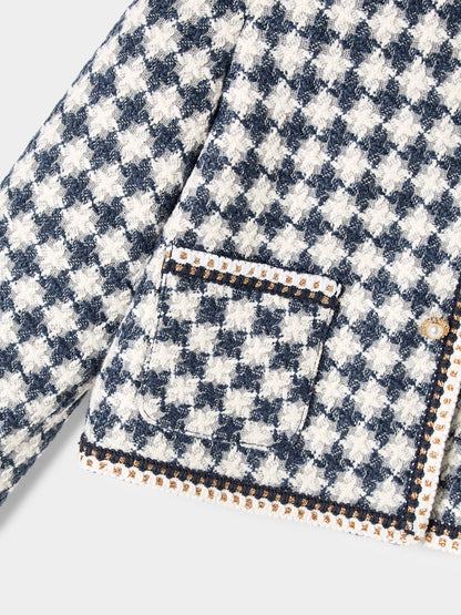 Ines Blue and White Dogstooth Boucle Jacket